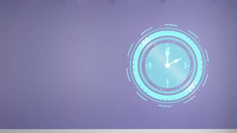 Animation-of-clock-moving-fast-with-copy-space-on-purple-background
