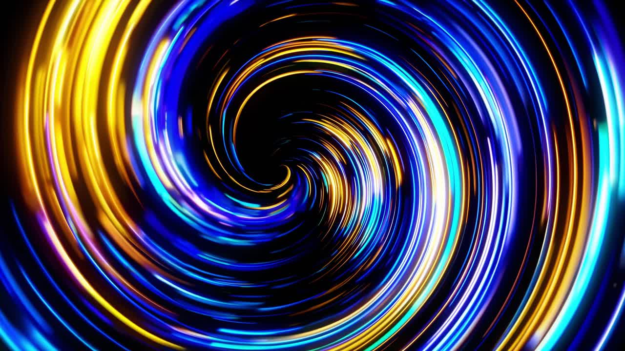 Swirling hypnotic vortex is creating a mesmerizing time spiral effect with vibrant blue and gold lights, evoking a sense of movement and energy