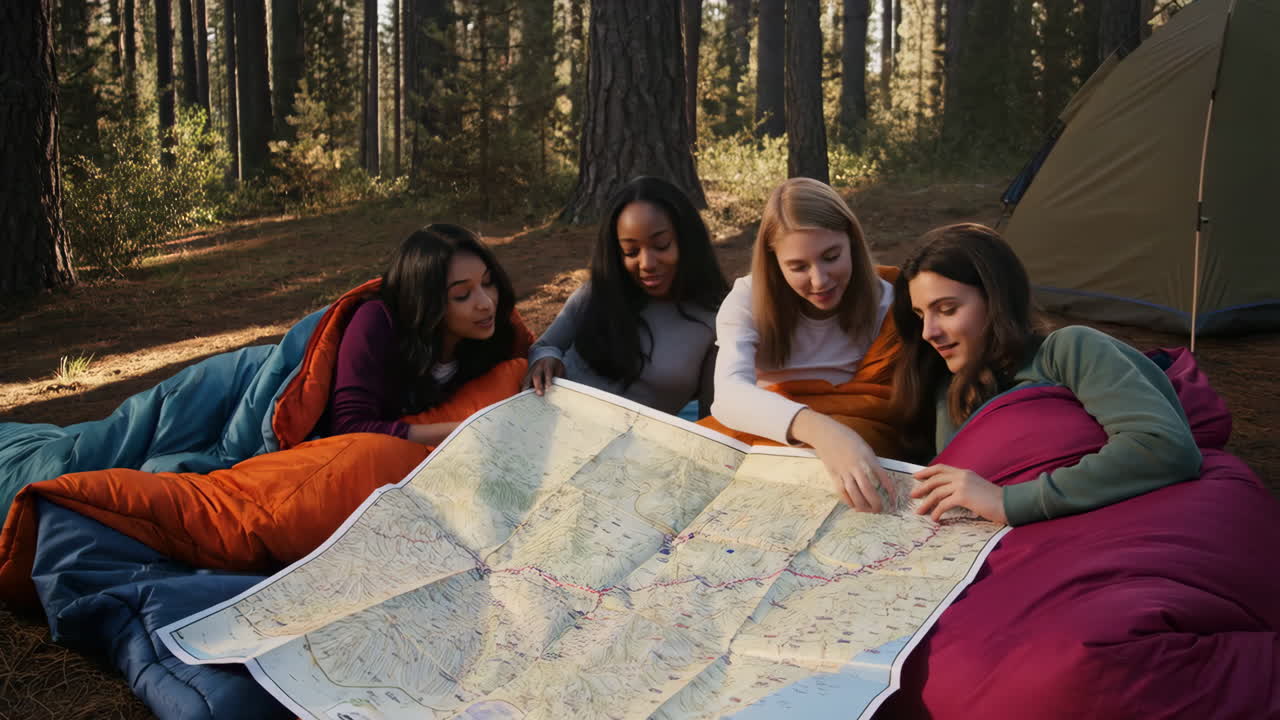 Four friends in sleeping bags looking at a map while camping in a forest
