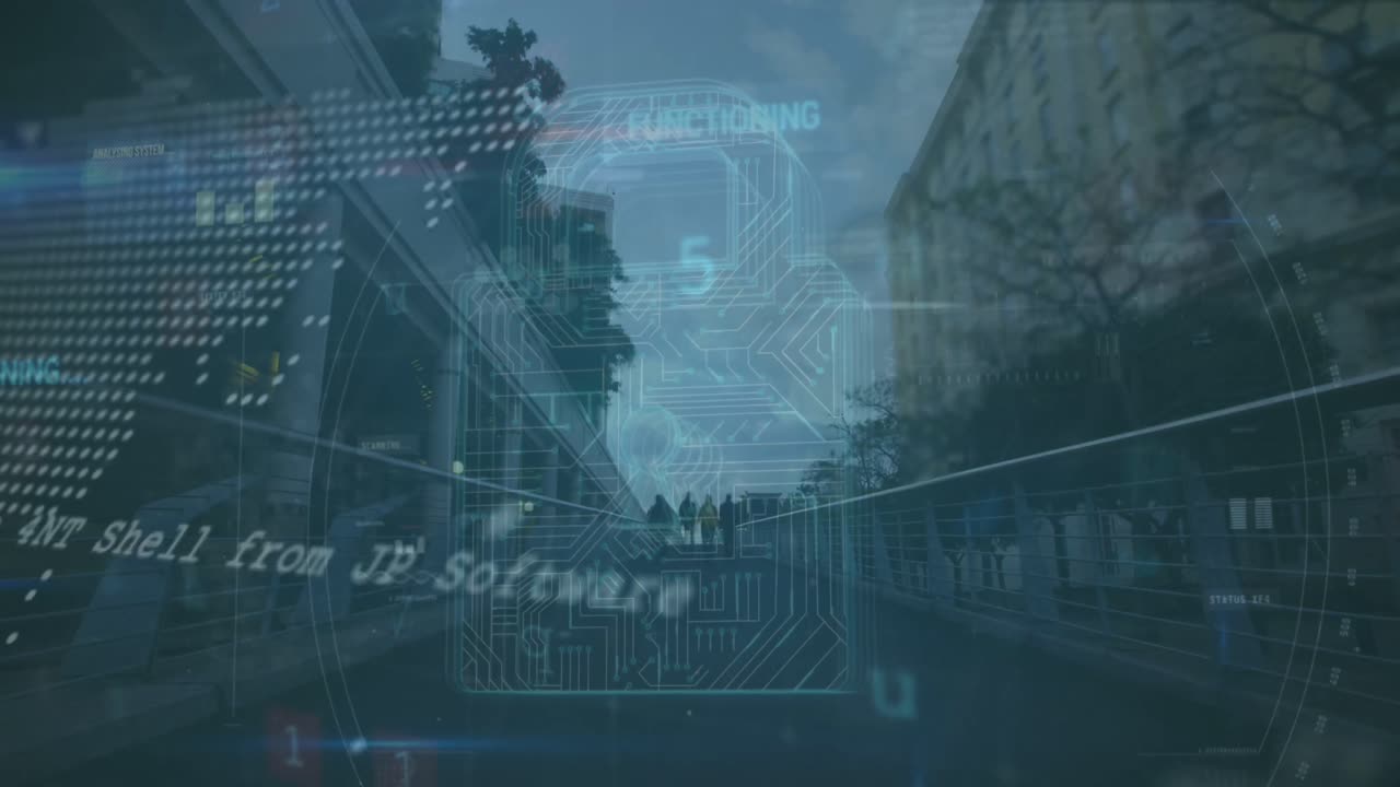 animación del procesamiento de datos de ciberseguridad contra el lapso de tiempo de las personas que caminan por el puente de la ciudad