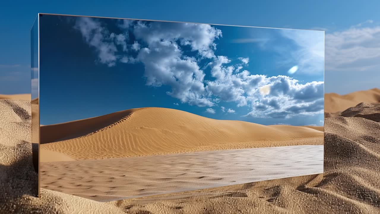 Oggetto riflettente nel deserto rivela vaste dune di sabbia e un cielo blu.
