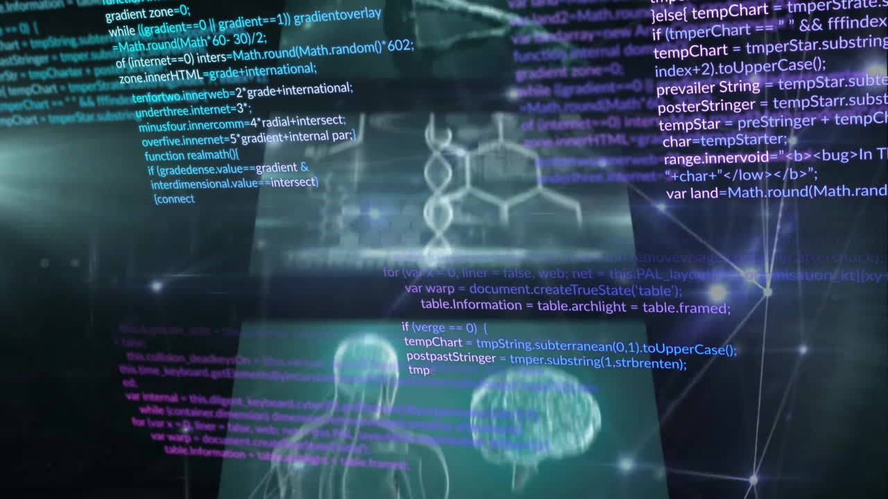 Animation of data processing and network of connections on black background