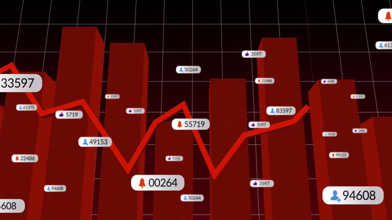 Data visualization showing red 3D bars rising over gradient background, displaying labels and icons