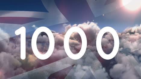 animación de números creciendo y bandera del reino unido sobre las nubes y el cielo