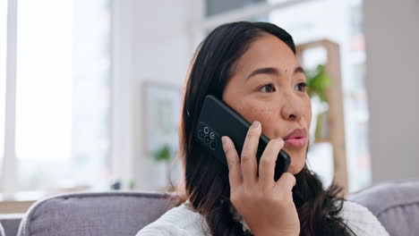 woman, phone call and talking on sofa