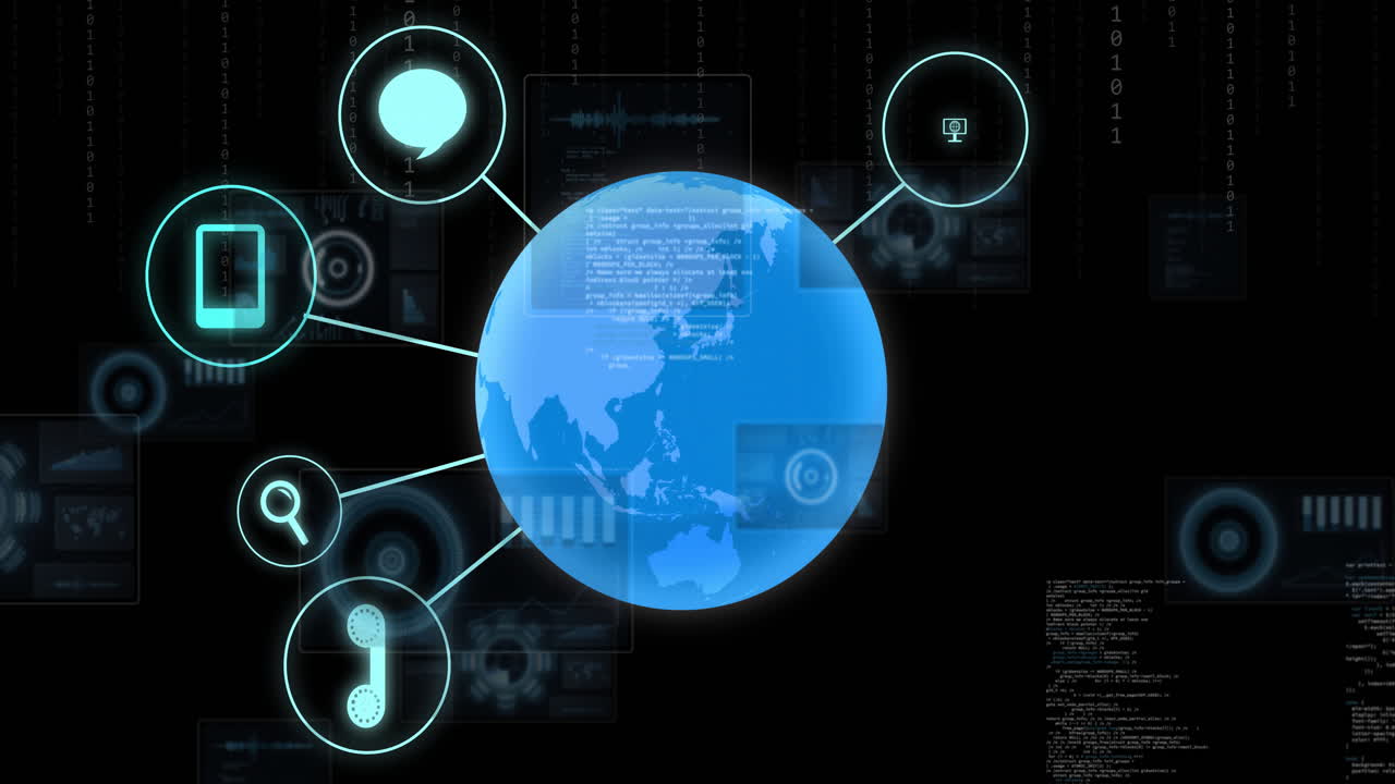 Animation of globe with connections and data processing over black background