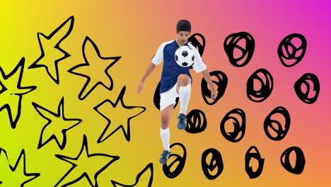 animación de un jugador de fútbol con pelota sobre estrellas y puntos en fondo rosa a amarillo