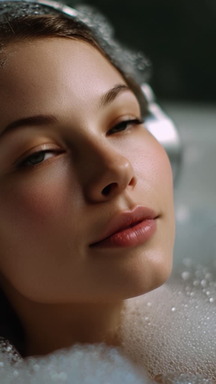 Un momento sereno catturato in un bagno, che evidenzia l'espressione pacifica di una donna circondata da bolle delicate e luce soffusa, incarnando relax e tranquillità