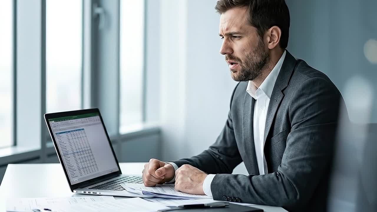 Uomo d'affari stressato sopraffatto dal lavoro e dai dati finanziari in ufficio.