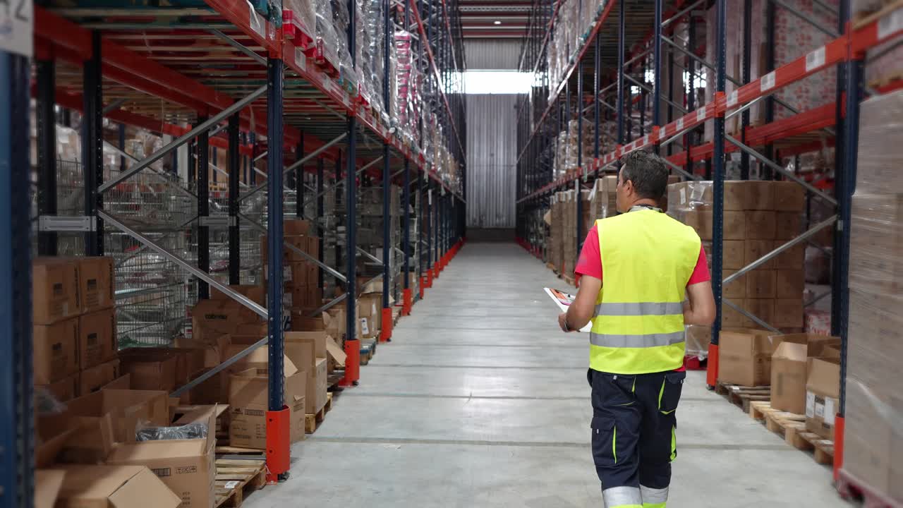 Magazziniere che cammina tra le corsie di scaffali