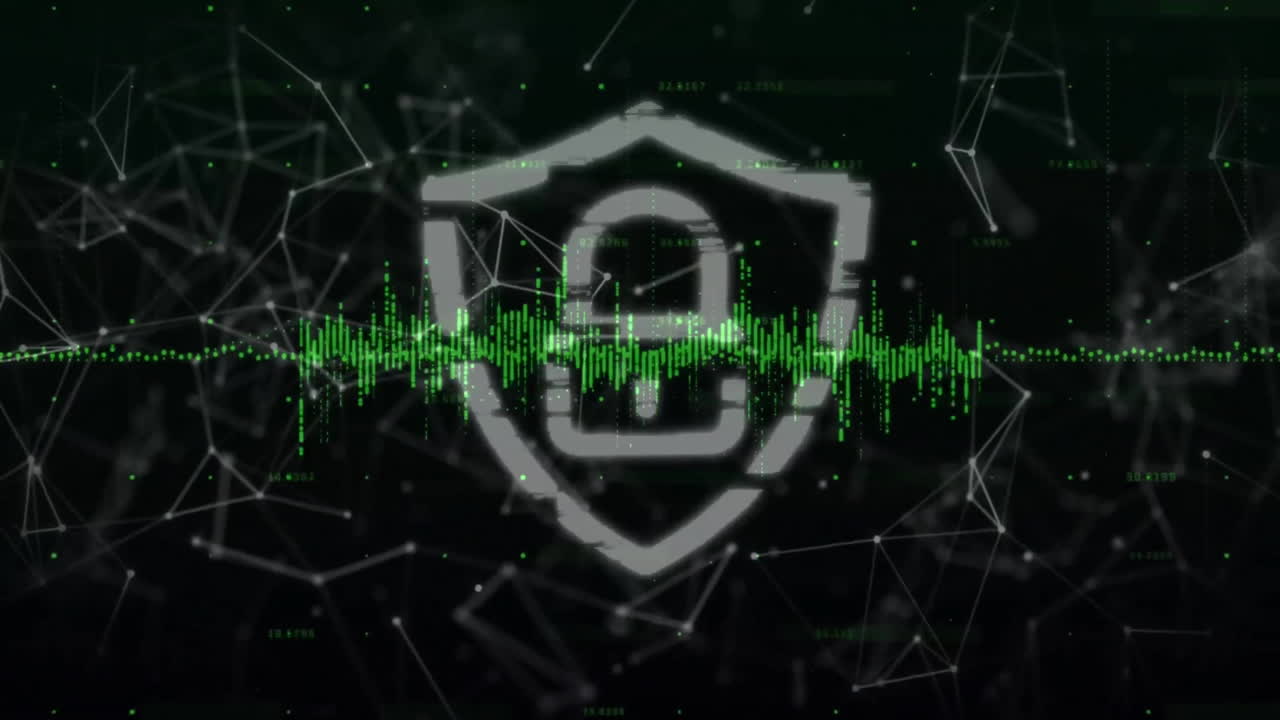 animación del candado, las conexiones y el procesamiento de datos sobre un fondo oscuro