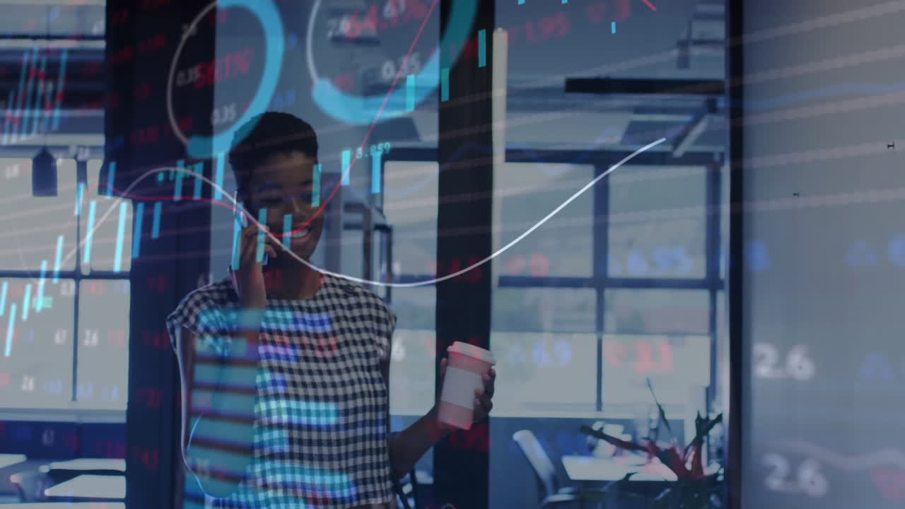 Animation of data processing over african american businesswoman using smartphone in office