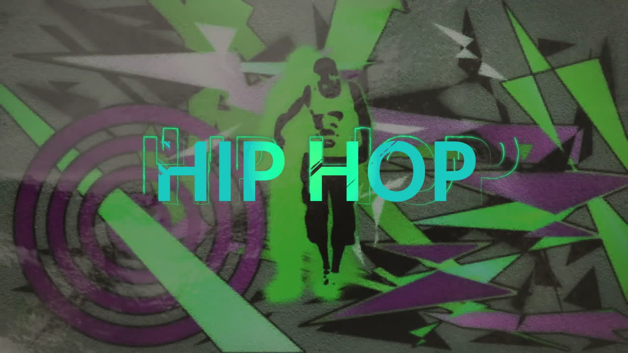 Hip hop text animation over colorful abstract shapes and dancing silhouette