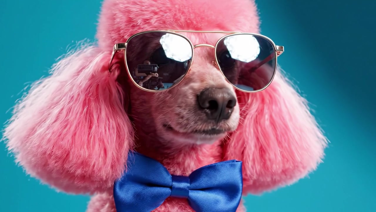 Een stijlvolle roze poedel met een zonnebril en een blauwe vlinderdas, die zijn unieke charme en persoonlijkheid toont in een lichte studio-omgeving