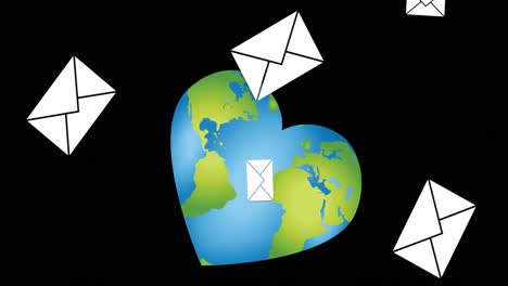 Animation-of-emails-floating-over-heart-shaped-globe-on-black-background