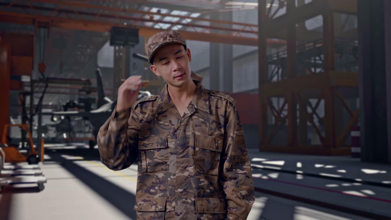 Müder Soldat in Camouflage-Uniform reibt sich die Augen in einem Militärhangar