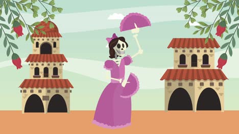 animación de personajes de la dama esqueleto mexicana