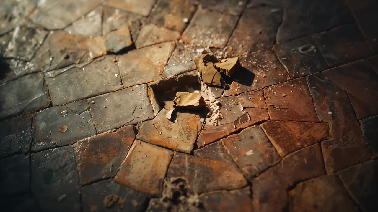 Panning camera revealing decayed tiles indoors, showing damage and recess, exposing crumpled bits