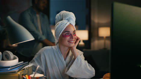 enthusiastic girl feeling happy at cozy flat closeup. woman receiving promotion