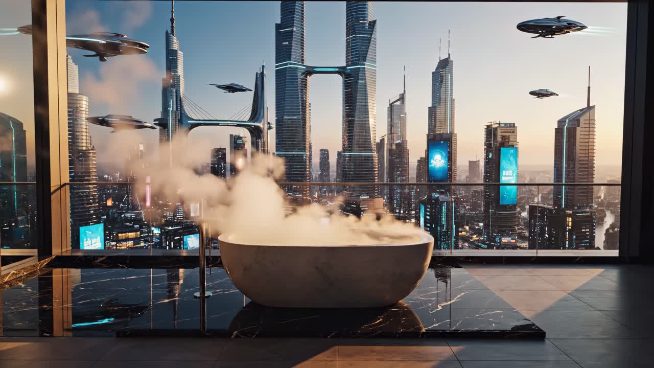 Futuristic Cityscape with Flying Vehicles and Luxury Bathtub