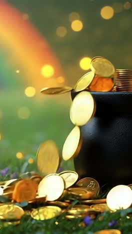 coins spill from a pot by a rainbow. a pot of shiny gold coins sits on green grass, lit by soft lights and a vibrant rainbow in the background.
