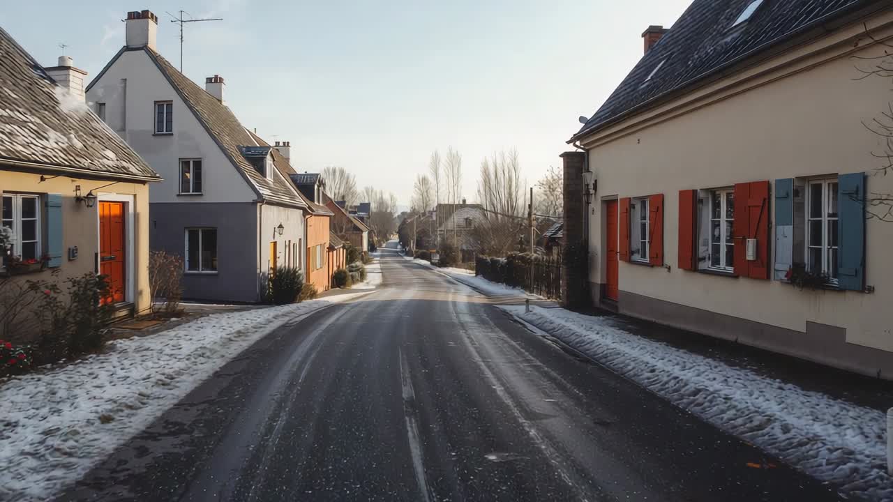 Tracking central road, camera moving forward toward trees on snowy town street, showing orange door