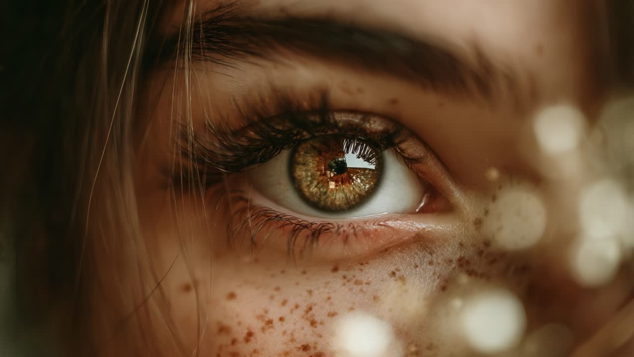 A Close-Up Look at a Striking Eye: Captivating Details Highlighting the Intricate Patterns and Colors of the Iris, Lashes, Freckles, and Reflections in the Eye