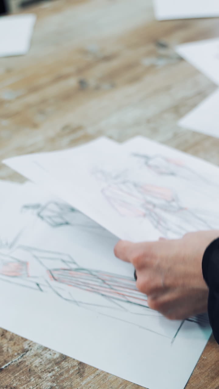 Hands of a tailor putting papers with stylish sketches on the table. Modern creative works of a fashionable designer is sorting by a seamstress in atelier. Vertical video