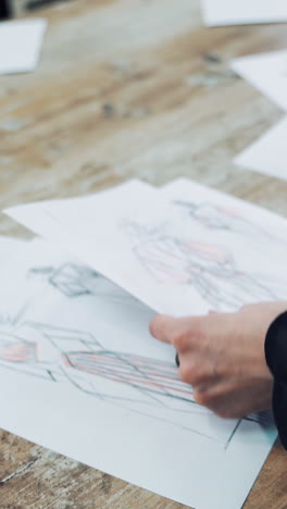 hands of a tailor putting papers with stylish sketches on the table. modern creative works of a fashionable designer is sorting by a seamstress in atelier. vertical video