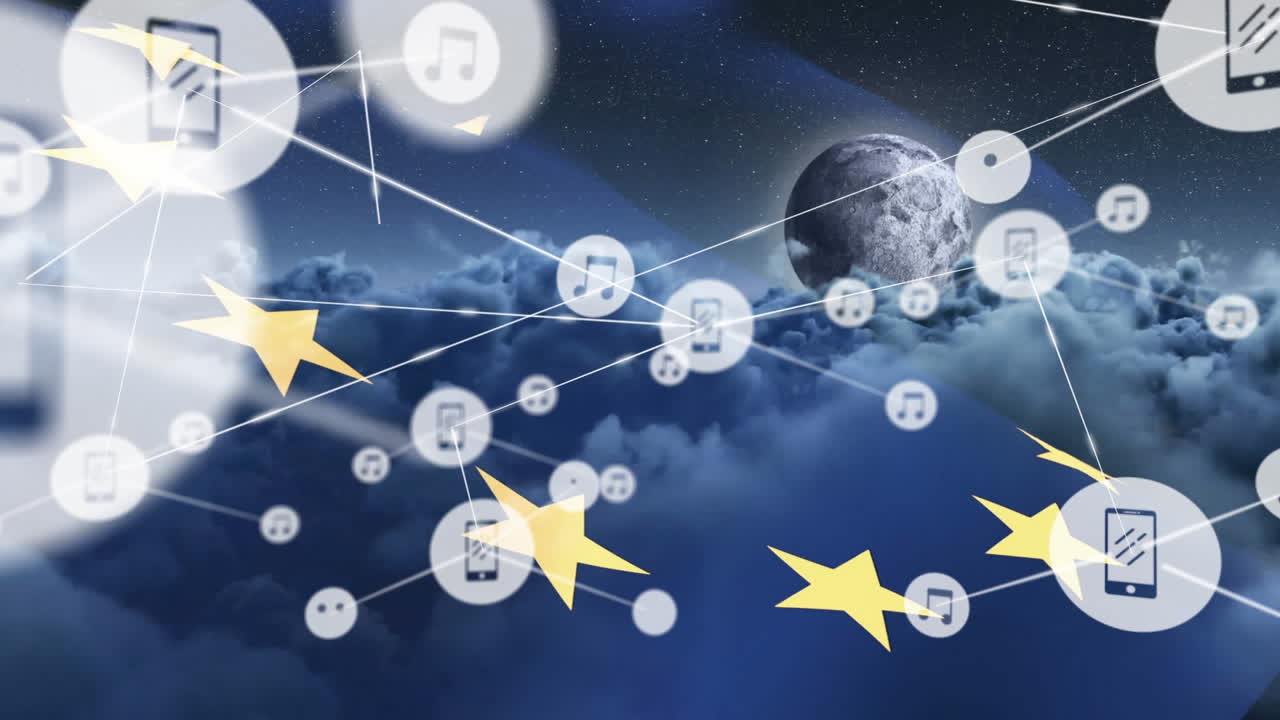 유럽 연합  ⁇ 발과 구름을 통해 스마트 폰과 아이콘의 연결 네트워크의 애니메이션