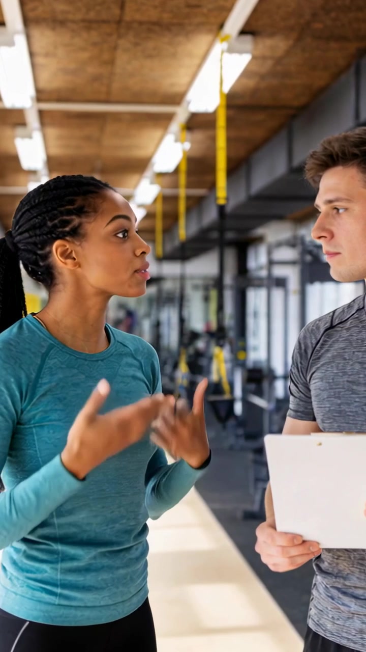 Video verticale: Cliente che inizia, con top color verde acqua, che spiega l'allenamento in palestra, istruttore che tiene un blocco appunti.