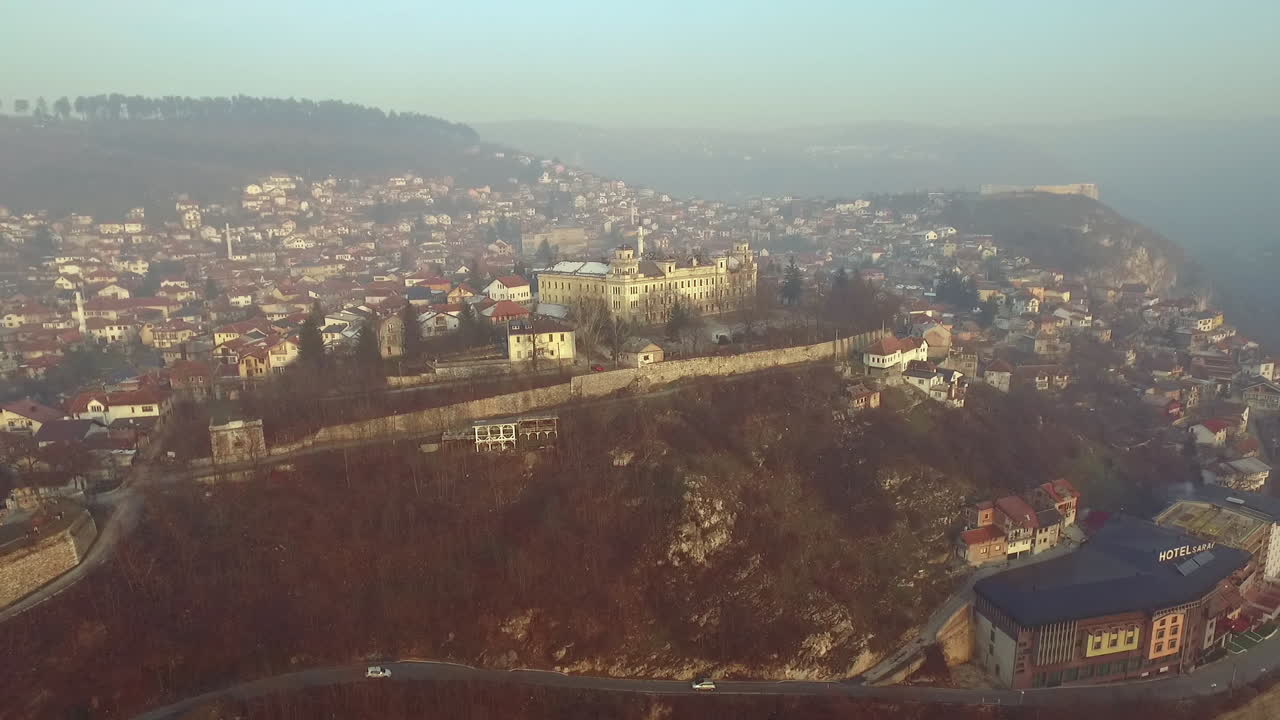 Aerial view of Sarajevo and a few mosque, Jajce Kasarna at sunset, Bosnia and Herzegovina