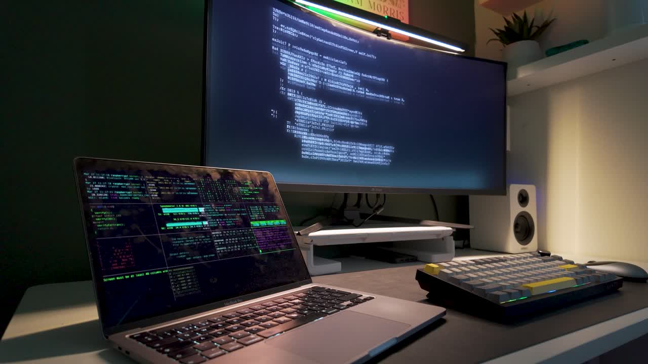 Wide shot of modern workspace with laptop and desktop monitor displaying programming code, green ambient lighting and desk decor