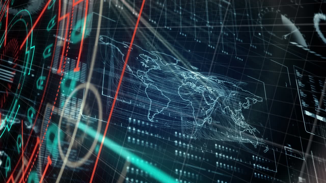 Animation of scope scanning and data processing with world map in the background
