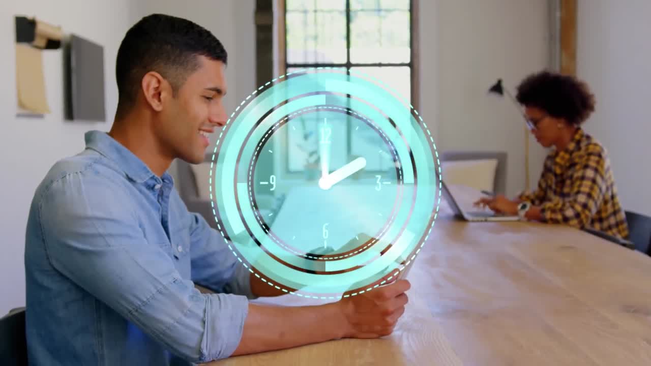Animation of clock moving fast over businessman using tablet