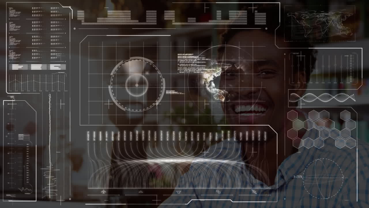 Using futuristic digital interface, man smiling with global data animation overlay