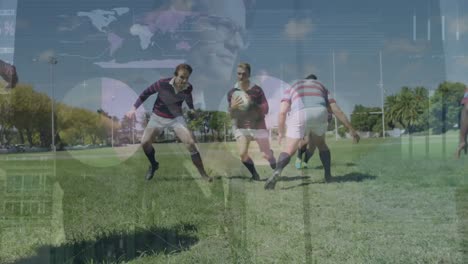 animation of financial data processing over diverse rugby players and businessman