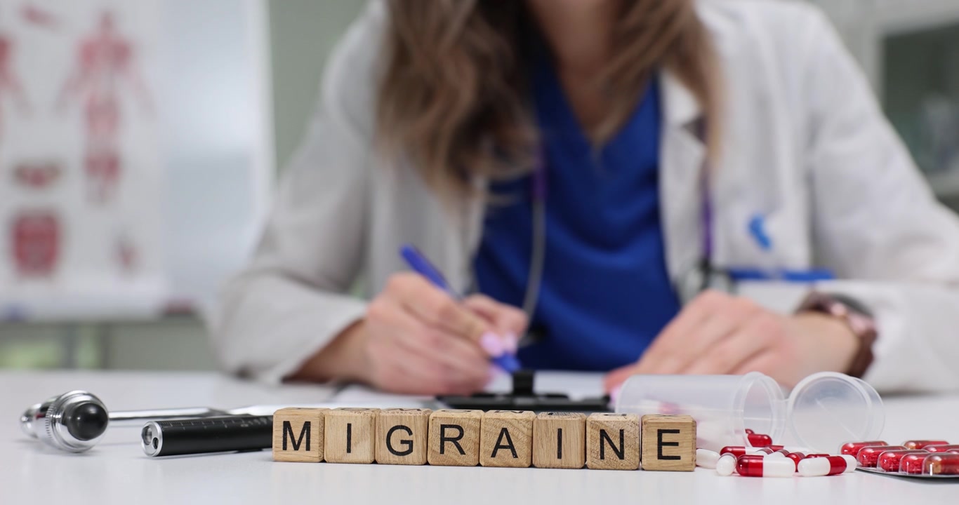 Medical term for migraine with cubes and doctor at desk