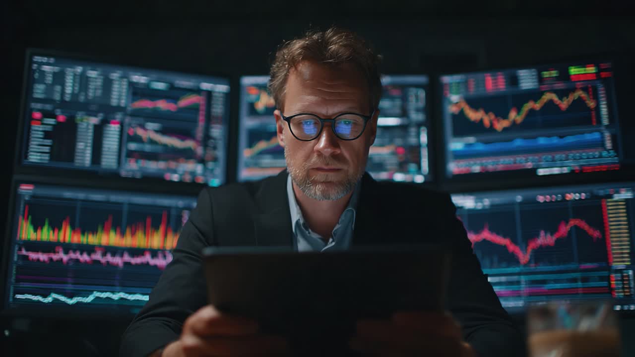 Focused Analyst Monitoring Financial Markets and Stock Trends from Multiple Digital Screens with Technical Charts and Data Visualization