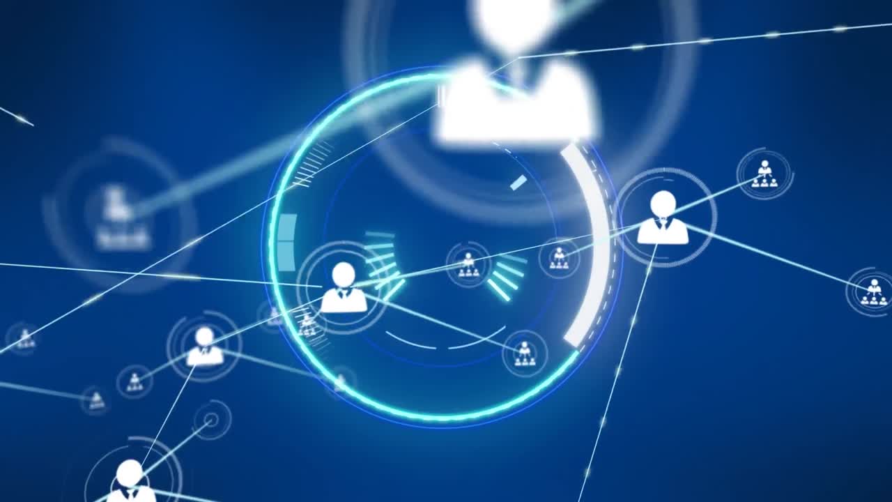 animación de una red de iconos de perfil sobre un escáner redondo de neón contra un fondo azul