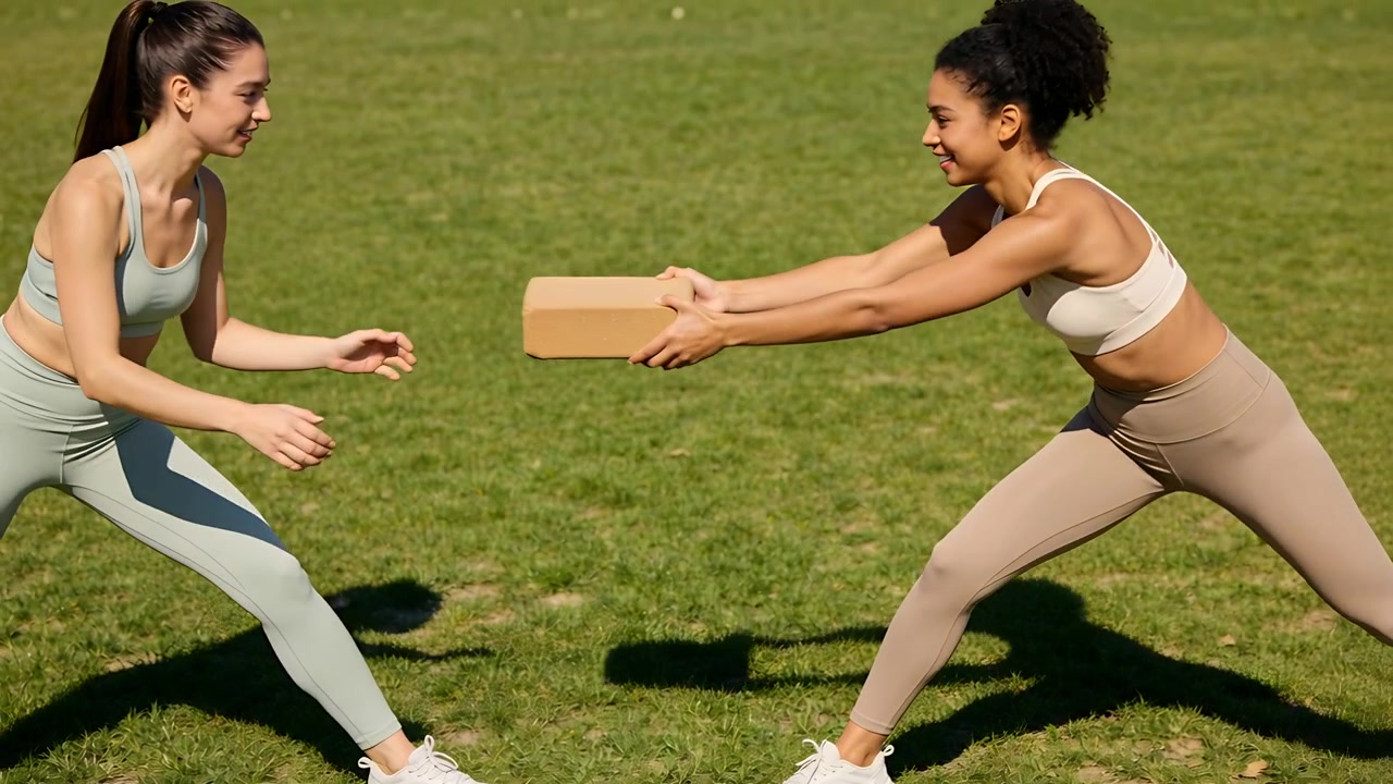 Drill starting, two women in mint and beige leggings exchanging yoga block on grass for balance