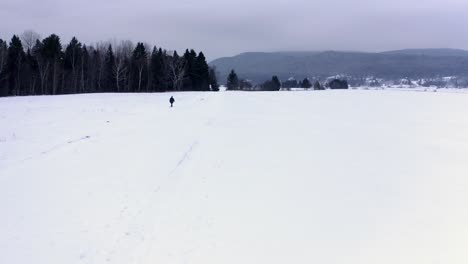 Lonely-man-walking-on-a-small-path-in-the-snow-in-Charlevoix,-Quebec