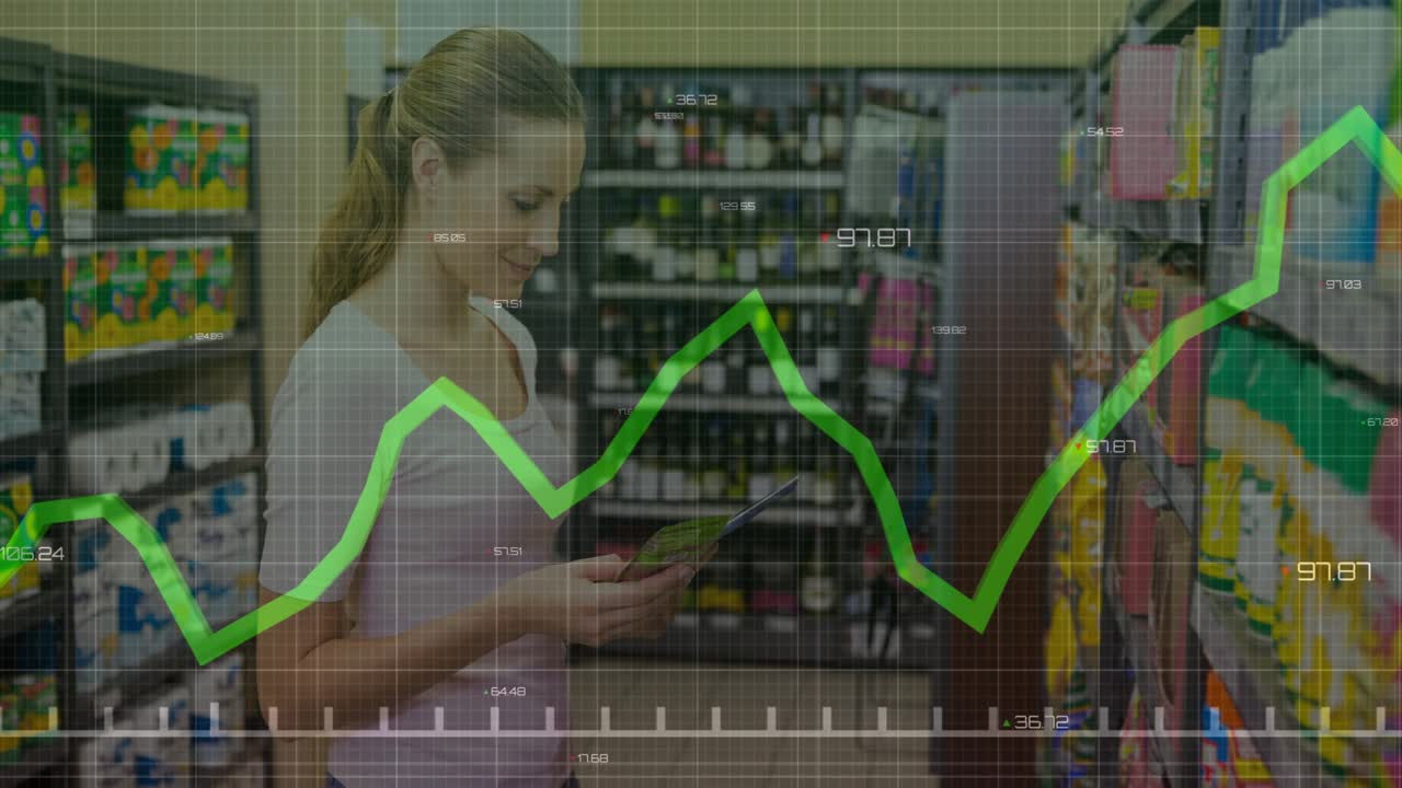 Female shopper picking item reading label checking price activating retail graph overlay trending