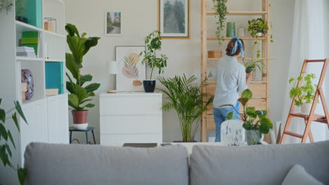 woman cleaning room with care