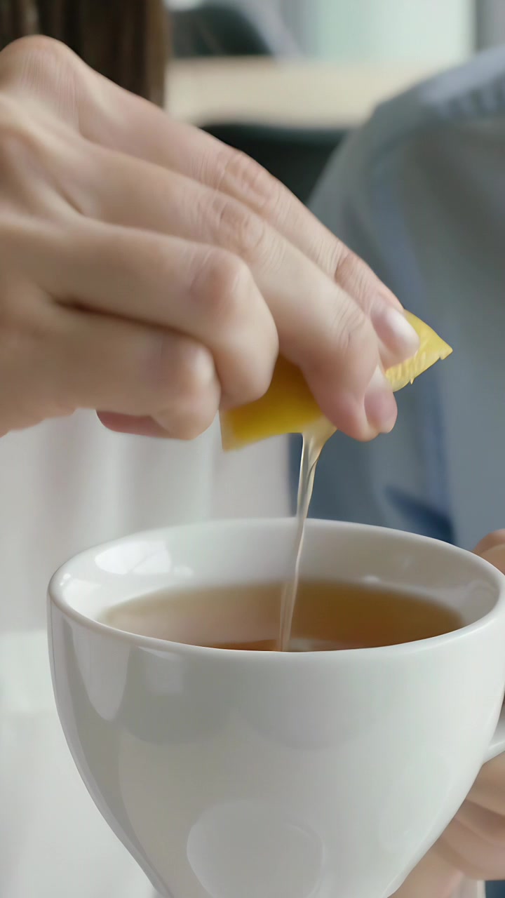 Video verticale: Donna con un top bianco che porta uno spicchio di limone e lo spreme in una tazza al bar per aromatizzare il tè.