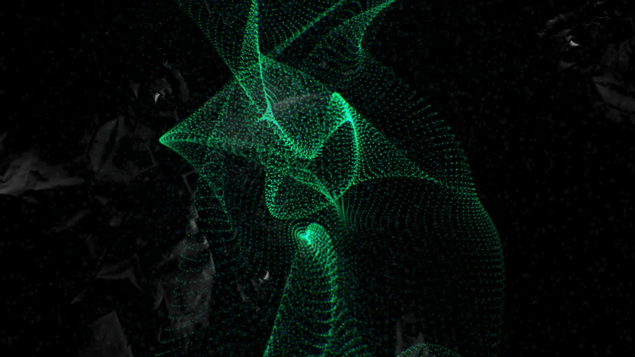 Green wireframe mesh animation over dark background with abstract shapes