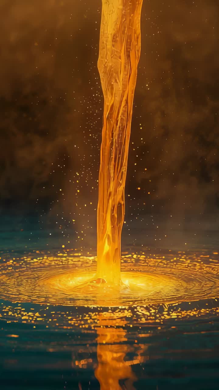 Vertical video: Falling glowing gold column striking teal pool in studio, making ripples and flecks
