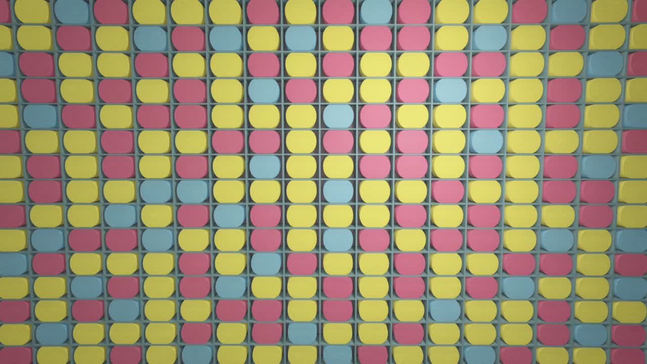 Starting playback, mounted panel displaying color grid on wall with yellow,pink,blue for display