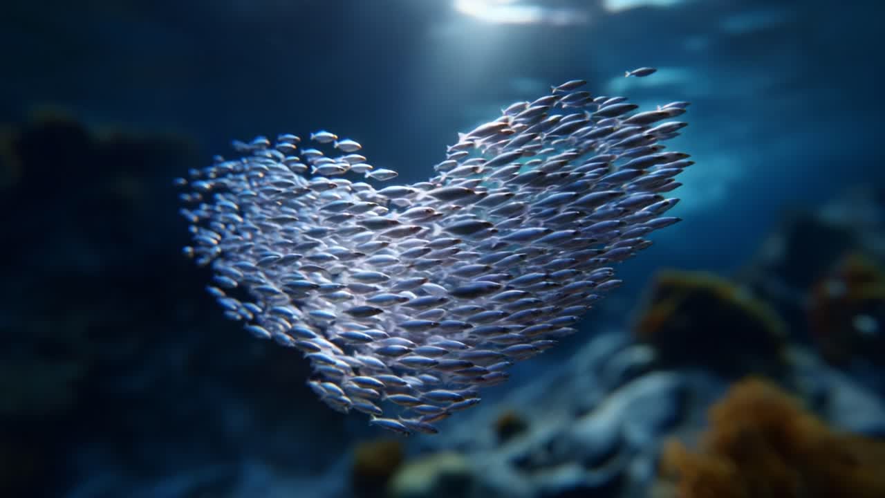 Ein herzförmiger Schwarm Fische, der gemeinsam in einer ruhigen Unterwasserszene schwimmt und die Schönheit und Einheit des Meereslebens in Bewegung einfängt