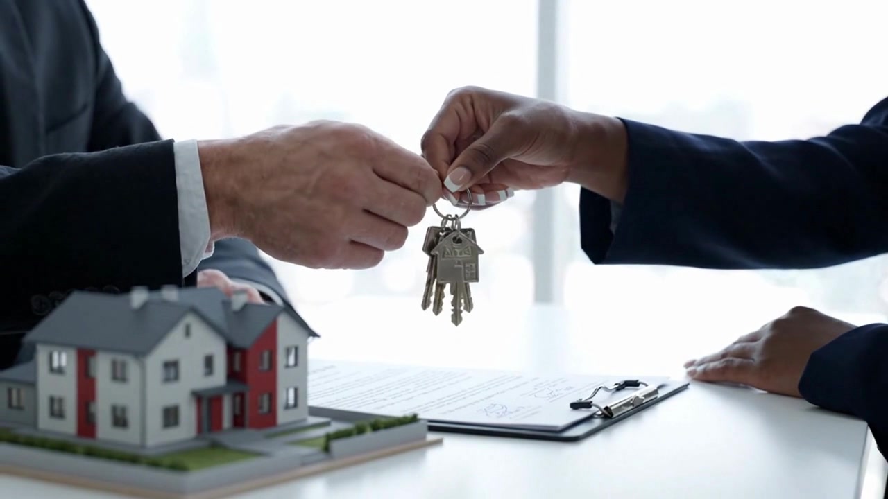 Agente immobiliare che consegna le chiavi di casa a un cliente